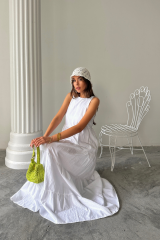 KOLSUZ UZUN FLAM KETEN ELBİSE - Beyaz