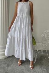 KOLSUZ UZUN FLAM KETEN ELBİSE - Beyaz