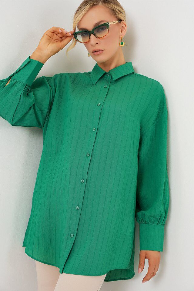 Çizgili Uzun Gömlek Tunik 5963 - Yeşil