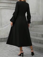 Kadın Uzun Kollu Derin V Yakalı Belden Kuşaklı önden Düğmeli Janjan Krep Elbise