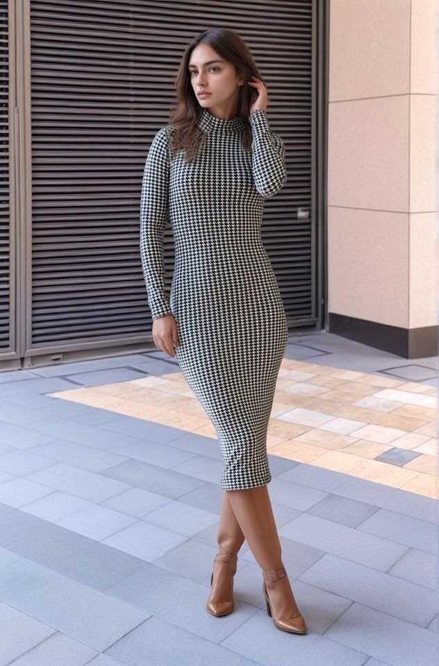 Kadın Kazayağı Desen Süet Kumaş Fırsat ürün Midi Boy Elbise