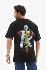 Unisex Bisiklet Yaka Baskılı Oversize T-Shirt - Siyah