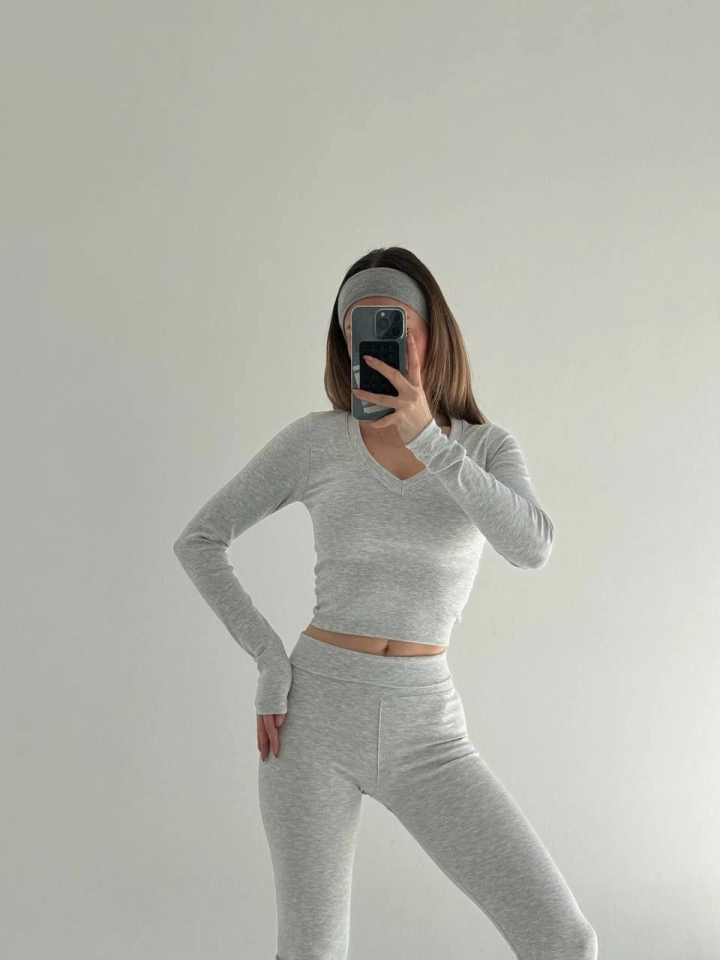 V Yaka Uzun Kollu Bluz İspanyol Paçalı Tayt İkili Takım - Gri