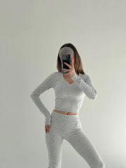 V Yaka Uzun Kollu Bluz İspanyol Paçalı Tayt İkili Takım - Gri