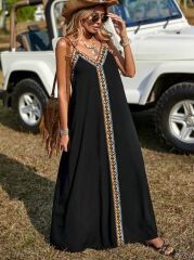 Kadın Askılı V Yakalı Etnik şerit Detaylı Uzun Viskon Elbise