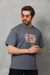 Unisex Bisiklet Yaka Baskılı Oversize T-Shirt - Füme