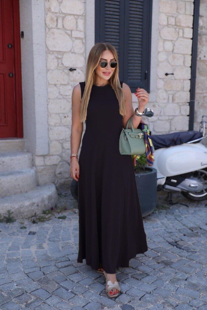 Kadın Sıfır Kollu Bisiklet Yaka Viskon Elbise