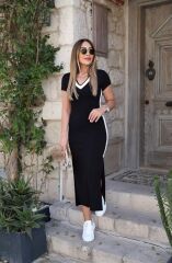 Kadın Kısa Kollu V Yakalı Yandan şerit Ve Yırtmaçlı Viskon Uzun Elbise