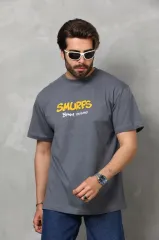 Unisex Basic Bisiklet Yaka Oversize T-Shirt - Füme