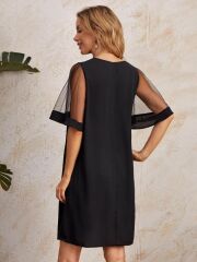 Kadın Tüllü Kısa Kollu V Yaka Krep Elbise