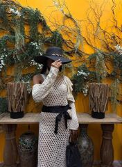 Saten Kuşaklı Ajurlu Triko Elbise 2847