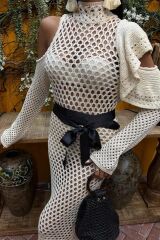 Saten Kuşaklı Ajurlu Triko Elbise 2847