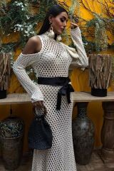 Saten Kuşaklı Ajurlu Triko Elbise 2847