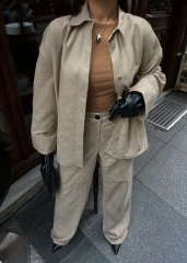 Süet Gömlek Palazzo Pantolon İkili Takım - Bej