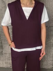 Kadın Kısa Kollu V Yakalı Kapşonlu Viskon Iki Iplik Bluz Ve Pantolon Takım