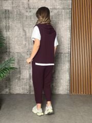 Kadın Kısa Kollu V Yakalı Kapşonlu Viskon Iki Iplik Bluz Ve Pantolon Takım