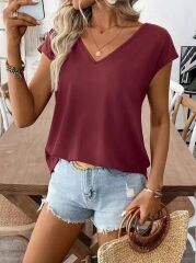 Kadın Kısa Kollu V Yakalı Arkadan Kurdele Detaylı Viskon Bluz