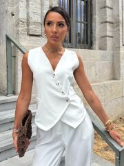 Kadın Sıfır Kollu çapraz V Yakalı önden Düğmeli Atlas Yelek Ve Pantolon Ikili Takım