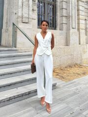 Kadın Sıfır Kollu çapraz V Yakalı önden Düğmeli Atlas Yelek Ve Pantolon Ikili Takım