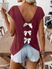 Kadın Kısa Kollu V Yakalı Arkadan Kurdele Detaylı Viskon Bluz