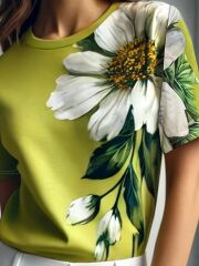 Kadın Kısa Kollu Bisiklet Yaka çiçek Baskılı Süprem Bluz