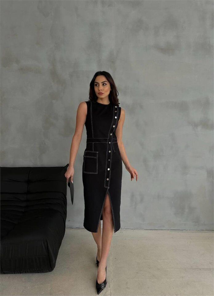 GABARDİN KALEM ELBİSE DÜĞME VE YIRTMAÇ DETAYLI - Bej