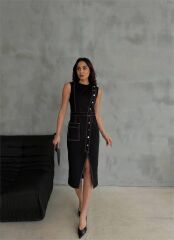 GABARDİN KALEM ELBİSE DÜĞME VE YIRTMAÇ DETAYLI - Bej