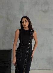 GABARDİN KALEM ELBİSE DÜĞME VE YIRTMAÇ DETAYLI - Bej