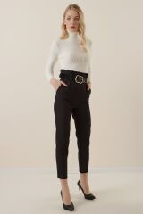 6556 Kemerli Kumaş Pantolon - Siyah