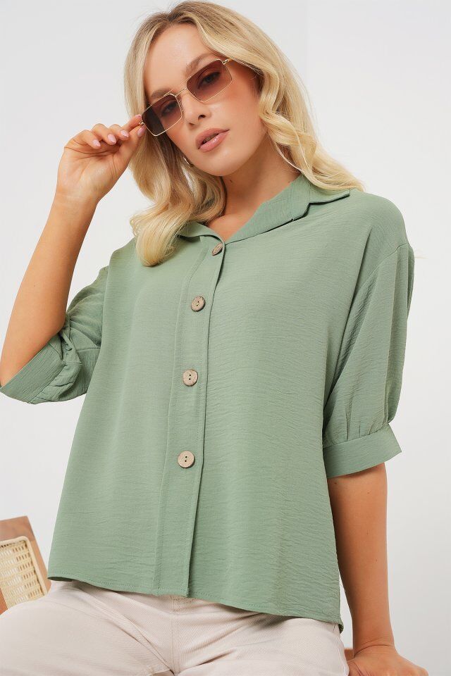 Kısa Kol Oversize Keten Gömlek 20240 - Çağla