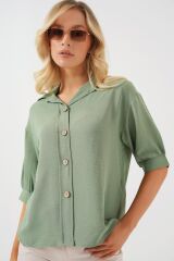 Kısa Kol Oversize Keten Gömlek 20240 - Çağla