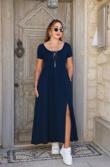 Kadın Kısa Kollu Yuvarlak Yaka önden Yırtmaçlı Cepli Viskon Uzun Elbise