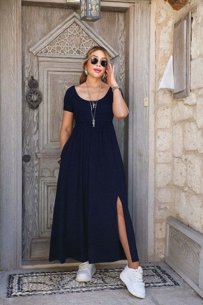 Kadın Kısa Kollu Yuvarlak Yaka önden Yırtmaçlı Cepli Viskon Uzun Elbise