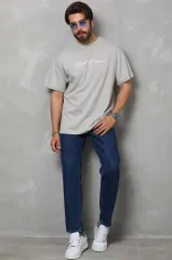 Unisex Bisiklet Yaka Baskılı Oversize T-Shirt - Gri