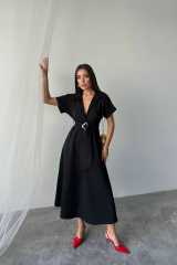 ÖNDEN DÜĞMELİ CRUSHLI MODAL ELBİSE - Siyah