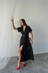 ÖNDEN DÜĞMELİ CRUSHLI MODAL ELBİSE - Siyah