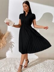 Kadın Kısa Kollu Hakim V Yakalı Pileli Janjan Krep Elbise