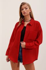 20153 Tek Cepli Oversize Gömlek - Kırmızı