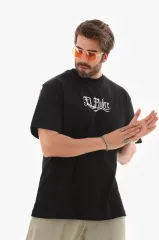 Unisex Bisiklet Yaka Baskılı Oversize T-Shirt - Siyah