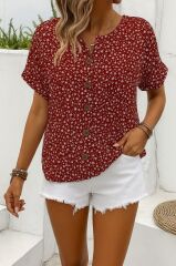 Kadın Kısa Kollu çentikli V Yaka Ve Düğme Detaylı çiçek Desenli Süprem Bluz