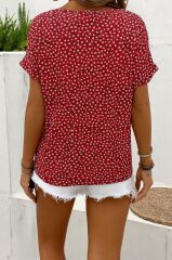 Kadın Kısa Kollu çentikli V Yaka Ve Düğme Detaylı çiçek Desenli Süprem Bluz