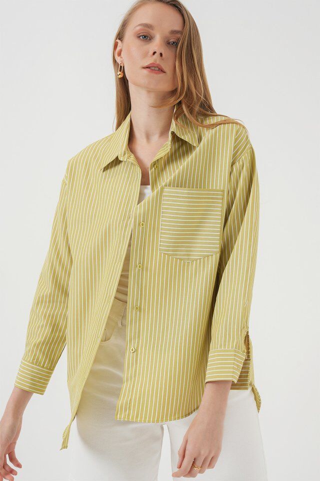 20205 Çizgili Oversize Gömlek - Yağ Yeşil