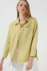 20205 Çizgili Oversize Gömlek - Yağ Yeşil