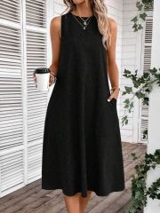 Kadın Kolsuz Bisiklet Yaka Cepli Midi Keten Elbise