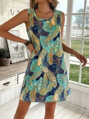 Kadın Sıfır Kollu Yuvarlak Yaka Desenli Süprem Elbise