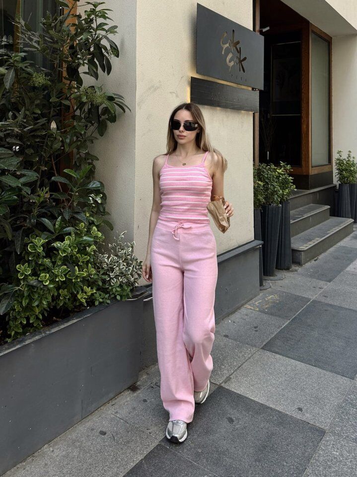 Kadın Kaşkorse Kumaş Askılı çizgili Takım