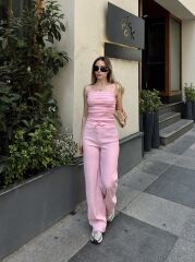 Kadın Kaşkorse Kumaş Askılı çizgili Takım