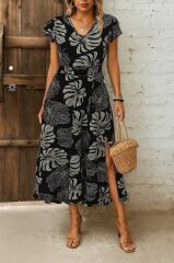 Kadın Kısa Kollu V Yakalı Desenli Yandan Yırtmaçlı Süprem Elbise