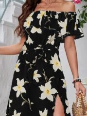 Kadın Kısa Kollu Madonna Yaka Fırfırlı Belden Yırtmaçlı Maksi örme Krep Elbise