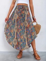 Kadın Beli Lastikli Bağcıklı Asimetrik Kesim Detaylı Desenli Bürümcük Etek